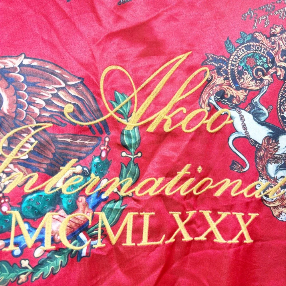 AKOO Mens Rare Red Satin Heraldic Crest Royal Streetwear Bomber Jacket Size XXL